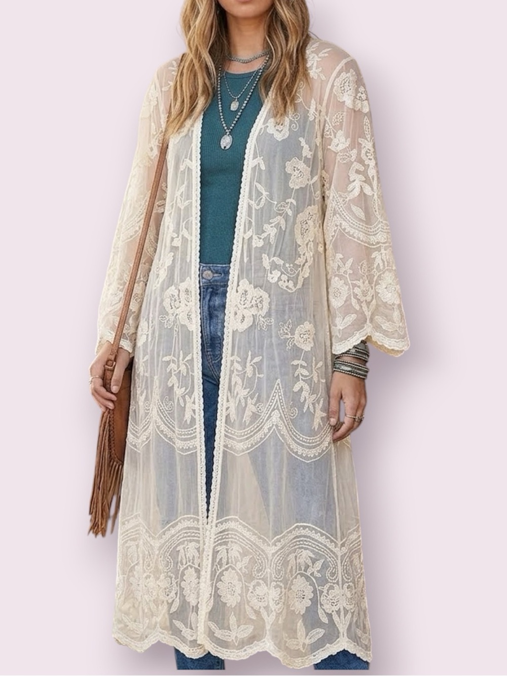 Ember Lace Mesh Embroidered Duster Cardigan Longline Kimono Ivory Size Medium
